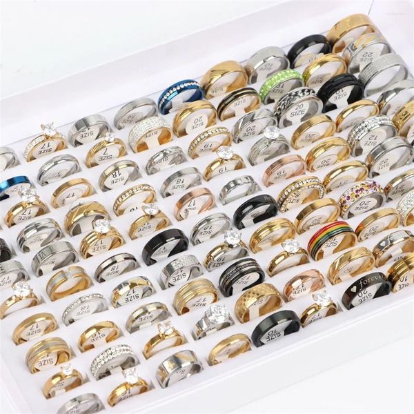 Anillos de racimo al por mayor 36 unids / lotes Acero inoxidable Hombres Mujeres Moda Cristal Raya Impresión Amor Mezcla Estilos Accesorios de joyería Regalos