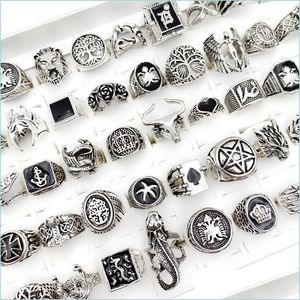 Clusterringen Groothandel 50 stks / partij Punk Gothic Crown Ag-ringen voor mannen en vrouwen Mixstijlen Zwart Glazuur Antiek Siery Vintage Sieraden Gi Dhgwz