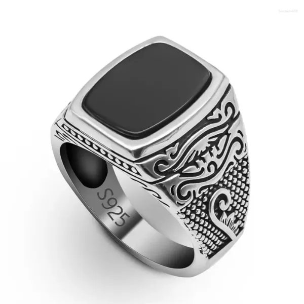 Anillos de racimo al por mayor 925 plata esterlina anillo masculino vintage turco dedo natural rectángulo ágata piedra hombres