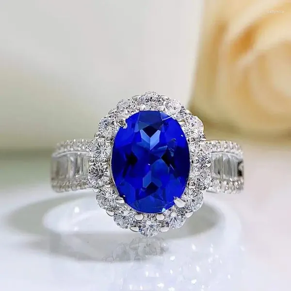 Bagues de cluster en gros 925 argent sterling 7x9mm saphir bleu diamant mode femmes bijoux bague ovale fine