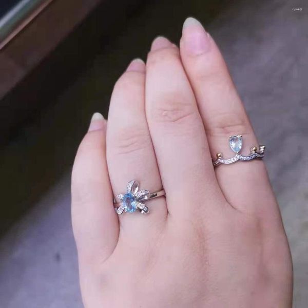 Anillos de racimo, venta al por mayor, anillo Natural de topacio azul, lazo para Mujer, Plata de Ley S925 con incrustaciones de tamaño ajustable, Anillos para Mujer, joyería de moda