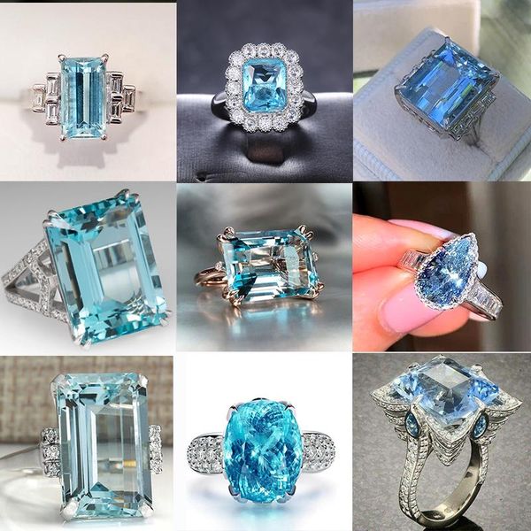 Anillos de racimo Venta al por mayor Compromiso de boda de plata aguamarina a granel para mujeres Enorme cielo azul Cubic Zircon Prong Setting Valentine's GiftClu