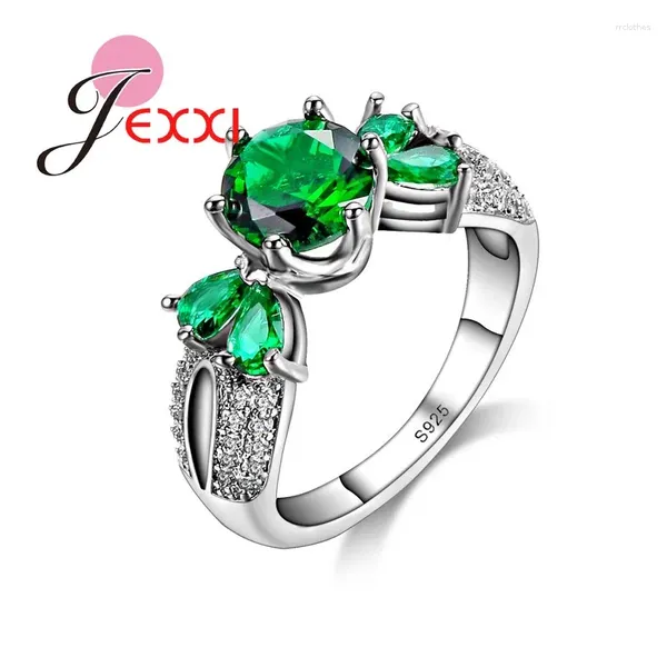 Anillos de clúster moda al por mayor exquisita esmeralda cz cristal 925 anillo plateado para mujeres fiesta con joyas de dedos verdes