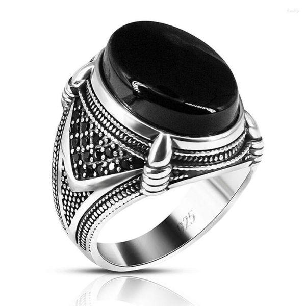 Bagues de grappe en gros véritable 925 bague en argent Sterling pierre noire naturelle à la main Vintage turc Unisize réglable hommes