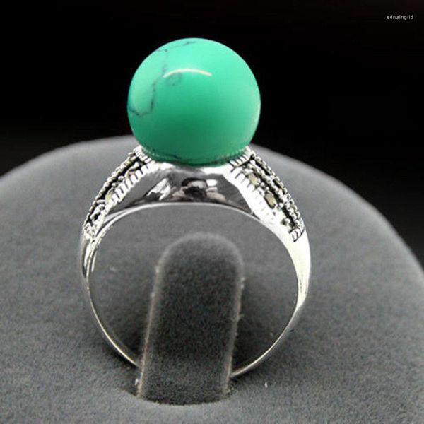 Anillos de racimo al por mayor bueno raro 8 mm cuentas de turquesa verde marcasita 925 anillo de plata esterlina # 7/8/9/10 joyería de mujer fina genuina