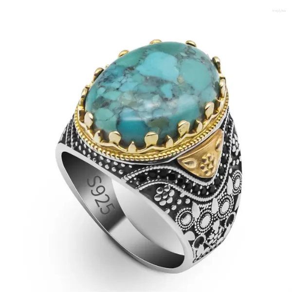 Bagues de cluster en gros réel 925 argent sterling hommes pierre turquoise naturelle vintage déclaration à la main bague de mariage