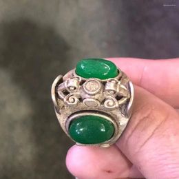 Cluster ringen groothandel retro yang green jade ring tibetaans zilver ingelegde heren intrekbaar