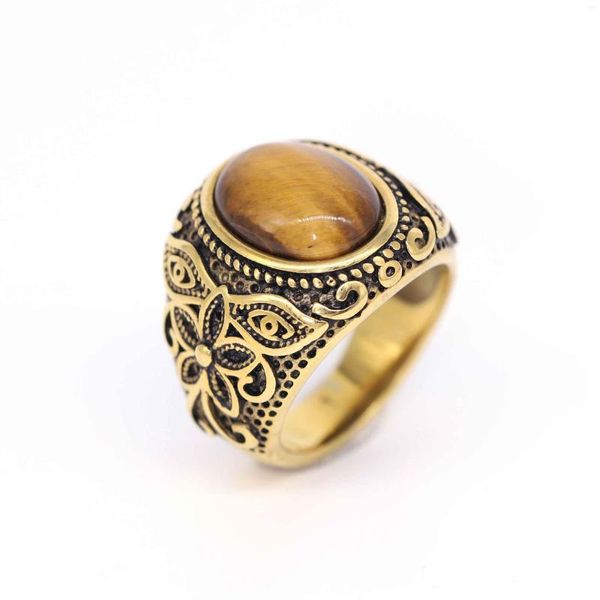 Anillos de racimo Venta al por mayor Anillo de ojo de tigre turquesa natural chapado en oro de acero inoxidable de estilo vintage para hombres