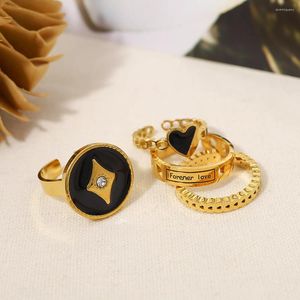 Clusterringen WILD FREE Trendy eenvoudig roestvrijstalen hart voor dames Vintage zwart emaille chique bezoedelen waterdichte sieraden