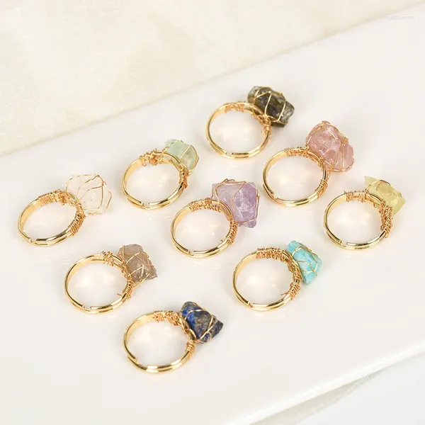 Anillos de racimo Envoltura de alambre Natural Raw Druzy Stone Lapis Lazuli Amethysts Tiger Eye Opal Pink Crystal Anillo ajustable para mujeres Joyería