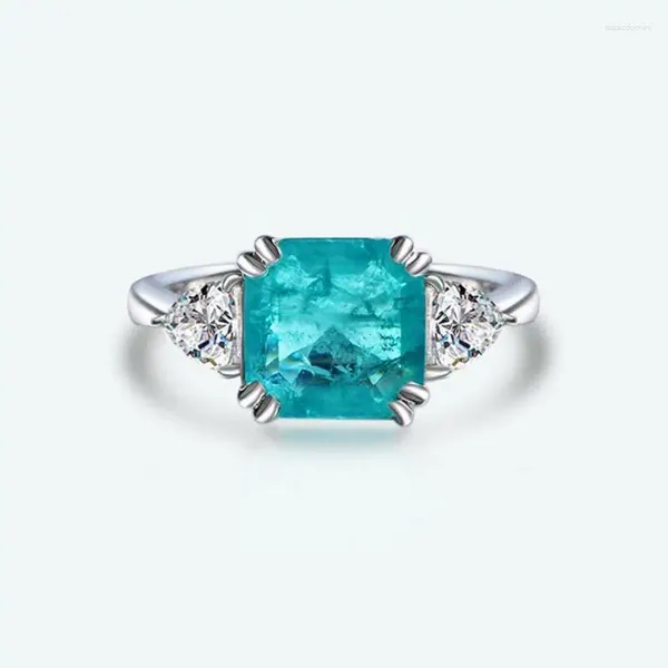 Cluster anneaux Femme 925 Engagement de mariage en argent Paraiba 10 10 mm Stone Cubic Zirconia Tourmaline Ring Fine Bijoux