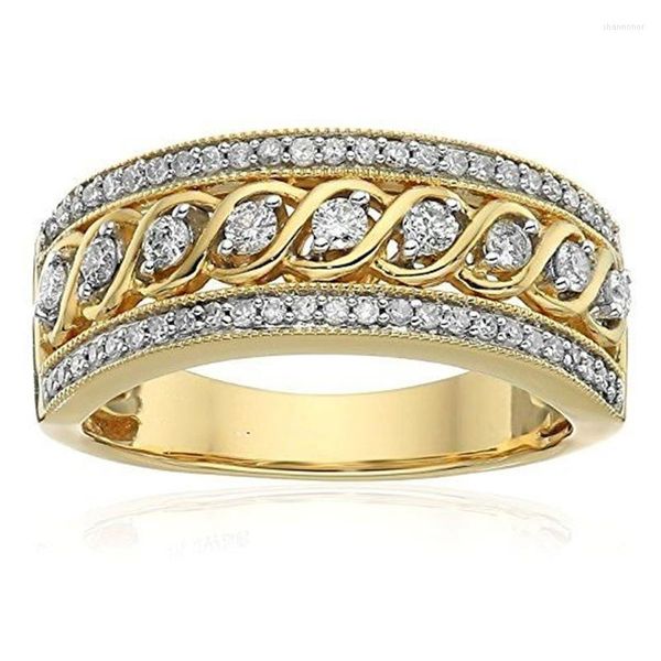 Anillos de racimo Moda para mujer Oro amarillo Dos tonos Hueco Cuerda torcida Anillo de cadena Corte redondo Circón blanco Regalo de aniversario Z4P113