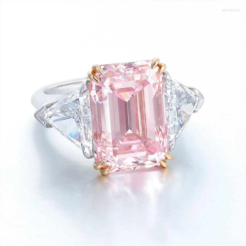 Cluster Rings Women's S925 Silver Pink Diamond Two-tone Square Princess Ring Engagement Wedding Gift Jewelry Wholesale