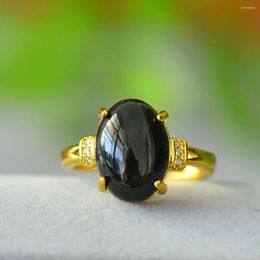 Anillos de racimo Mujeres Black Jade Ring Natural Healing Gemstone Joyería Fina Genuina Hetiana Jades Nephrite Cirón Ajustable Damas Regalos