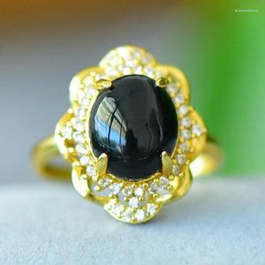 Cluster Ringen Vrouwen Zwarte Jades Ring Met Zirkoon Anel Feminino Echte Chinese Nefriet Hetian Jade Koper Goud Verstelbare Fijne Sieraden