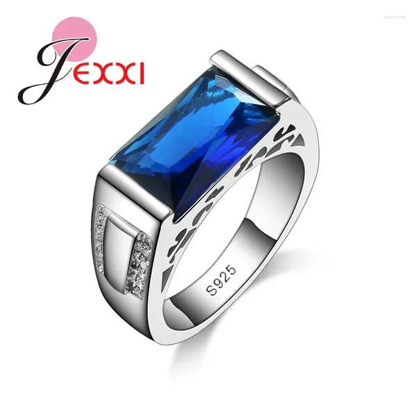 Anillos de racimo ¡Regalo de las mujeres! Venta al por mayor Anillo de plata esterlina 925 Joyería de moda con cristal de circón Cubiz azul grande