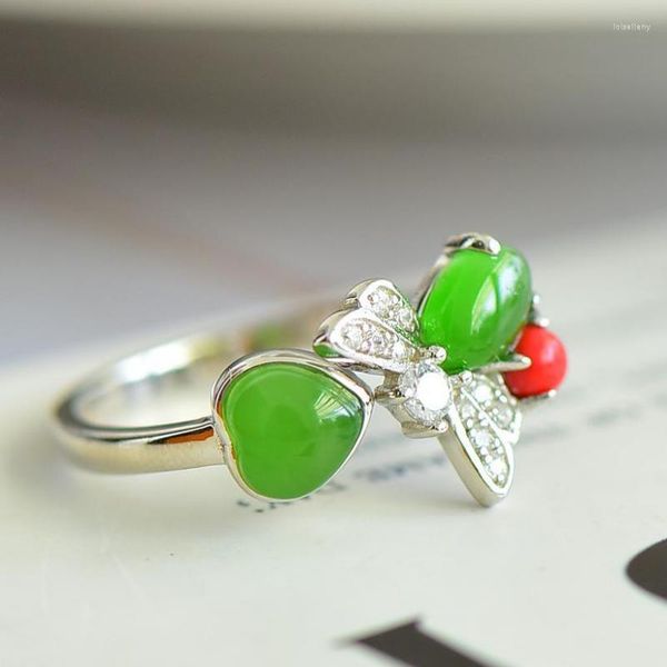 Anillos de racimo Anillo de jade verde para mujer Plata de ley 925 con mariposa de circón Ajustable Hetian Nephrite Jasper Band Novia Mamá Regalo