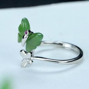 Cluster Rings Femmes Vert Jade Ruby Butterfly Ring 925 Sterling Silver Jewelry Chinese Nephrite Hetian Jades Bowknot Open Bands
