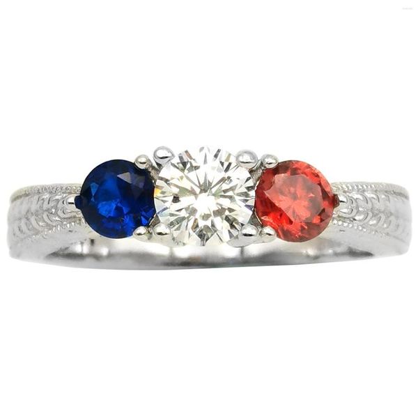 Anillos de racimo Anillo de mujer 925 Plata 3 piedras Azul-Blanco-Rojo Bandera de Francia Color Cubic Zirconia CZ Joyería R158STG