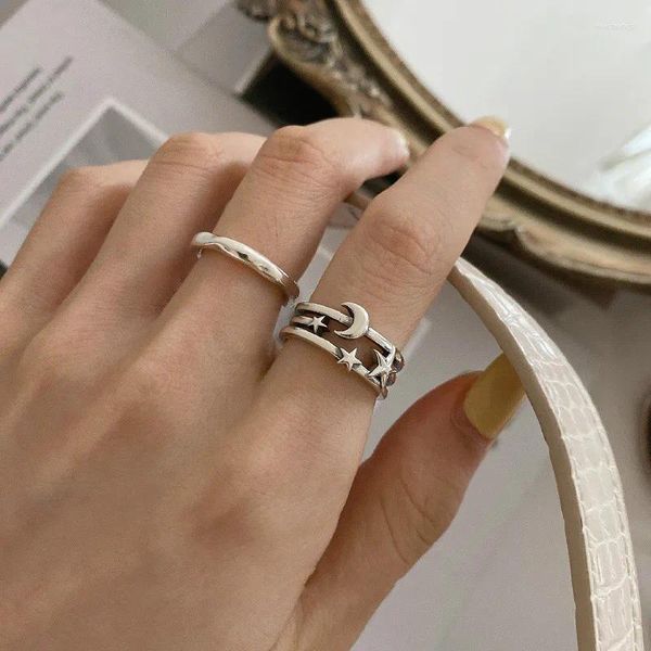 Cluster Anneaux Fashion's Fashion Silver plaqué étoile Moon Ring Korea Simple Cocker Cocktail multicouche Couple Femme Femmes Bijoux Cadeaux