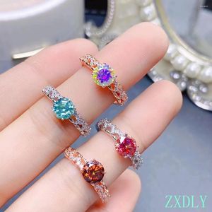 Cluster Rings Women Silver Ring met verschillende kleurrijke Moissanite 925 Sterling 1CT Gemstone Wedding Party Gift Pink Blue Green Red