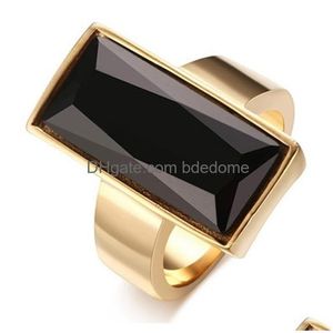 Bagues de cluster Bagues pour femmes Bagues en acier inoxydable Couleur d'or Rectangulaire Bague en cristal de verre noir pour femmes Bijoux de mode Meilleur ami Cadeau1 Dh8Lc