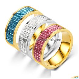 Anillos de racimo para mujer Anillo de diamante de acero inoxidable Banda Tres filas Cristal más fino Mujer Hombre Joyería de moda fina Regalo Entrega de gota Dh4Ei