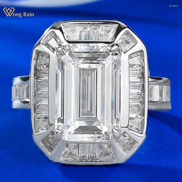Cluster Anneaux Wong Rain 925 Sterling Silver Emerald Cut 8 12 mm laboratoire Sapphire Gemstone Mariage Engagement Fine Jewelry Ring pour les femmes Cadeau