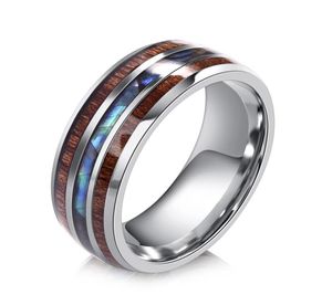 Clusterringen hout inlay titanium staal voor mannen 8 mm abalone shell wolfraam carbide ring geobsedeerd mode mannelijke sieraden accessoire 511071584