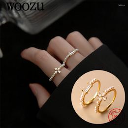 WOOZU Réel 925 Sterling Silver Romantique Fleur Perles Carrées Zircon Réglable Pour Les Femmes De Mariage Fiançailles Bijoux Cadeaux