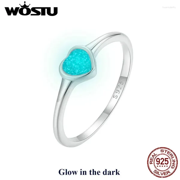 Anillos de racimo WOSTU 925 STERLING Silver Handmade Handmed Heart Ring Luminoso Mujeres Glow en la oscuridad encantadora Aniversario de cumpleaños Jelwery