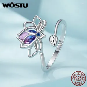 Anillos de racimo Wastu 925 Sterling Silver Lotus Flower Ring con vidrio púrpura para mujeres Fiesta de boda Regalo diario Joyería fina ajustable