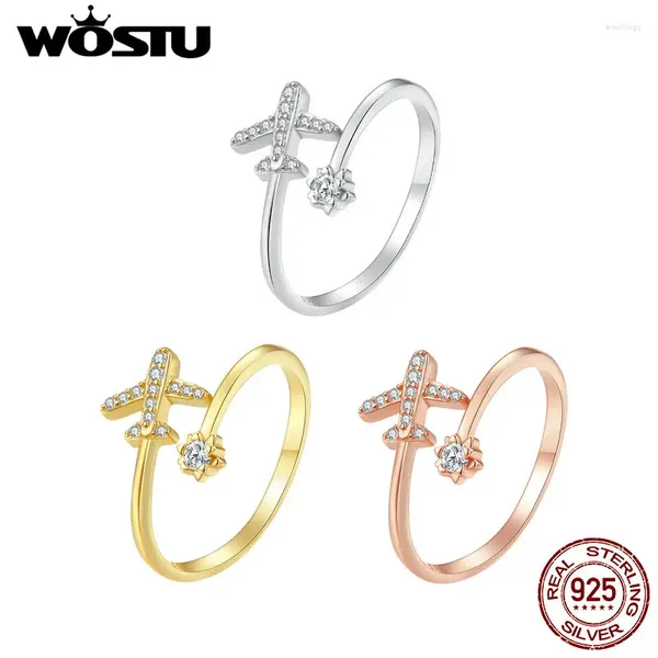 Anillos de clúster Wostu 925 STERLING SIGLE ROSE GOLD 18K Avión de aviones para mujeres delicadas Aviones Avando Anillo de joyas de joyería