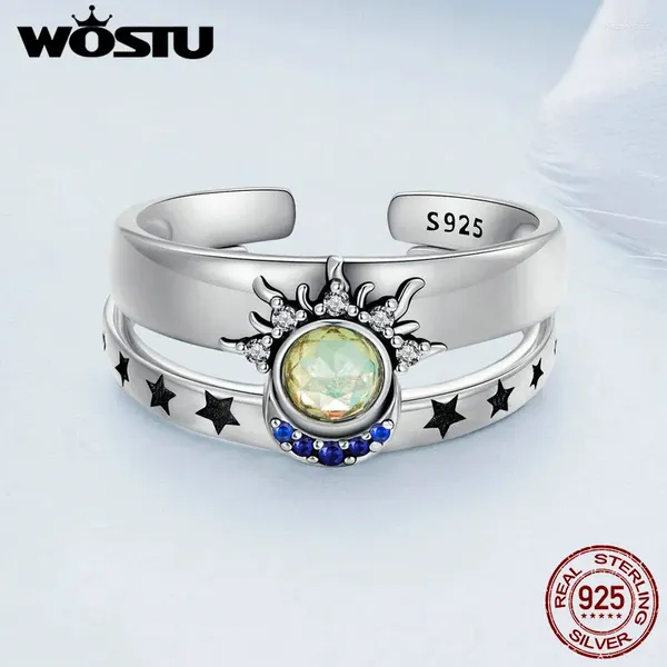 Anillos de racimo Wastu 925 Sterling Silver Sun Moon Stars Pareja Anillo de apertura Joyería fina para mujeres Hombres Aniversario de boda Regalo diario FNR490