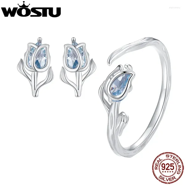 Bagues de cluster WOSTU 925 Sterling Silver Tulip Ouverture Bague Boucles d'oreilles pour femmes Light Blue Crystal Flower Party Bijoux Cadeau