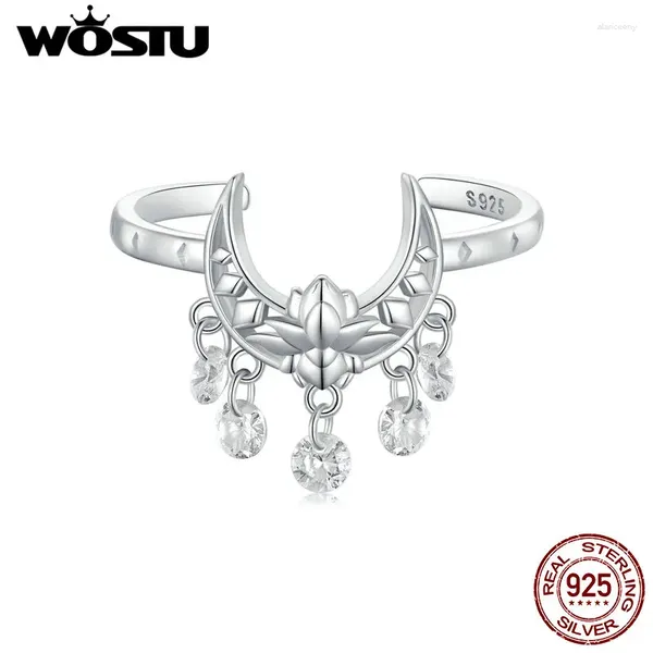 Bagues de cluster WOSTU 925 Sterling Silver Unique Lune Lotus Ouvert Femmes Brillant CZ Gland Réglable Bague Accessoires De Fête Bijoux D'anniversaire