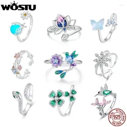 Clusterringen Wostu 925 Sterling Silver Wedding Party Opening Ring voor vrouwen verstelbare maat bloemenvogel Fish Fine sieraden cadeau