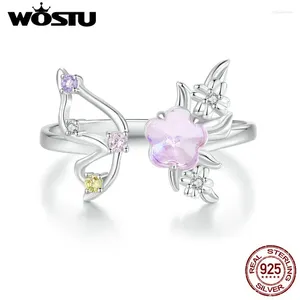 Anneaux de cluster WOSTU Bague ouverte 925 Sterling Silver Rose Papillon avec verre pour femmes Girl Party Anniversaire Cadeau Fine Bijoux FIR1011