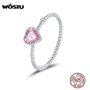 Clusterringen Wostu Origineel 925 Sterling Silver Dazzling CZ Ring Pink Heart Love Rings For Women Wedding Fingers Silver 925 Sieraden CTR157 G230228