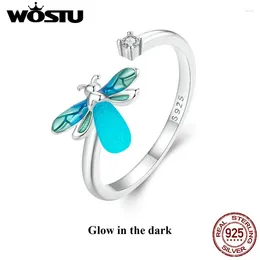 Bagues de cluster WOSTU Real 925 Sterling Silver Rainbow Firefly Bague d'ouverture lumineuse pour femmes Honey Bee Glow dans le cadeau de bijoux de fête sombre