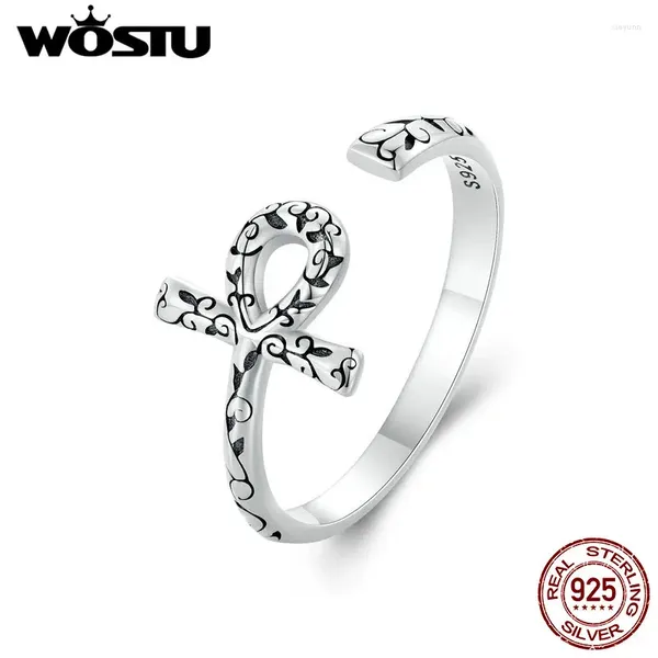 Anillos de racimo Wostu Real 925 STERLING Silver Ankh Egipcio Cross Apertura para mujeres RETRO VINA DE CUMPLEABADOR REFECTO