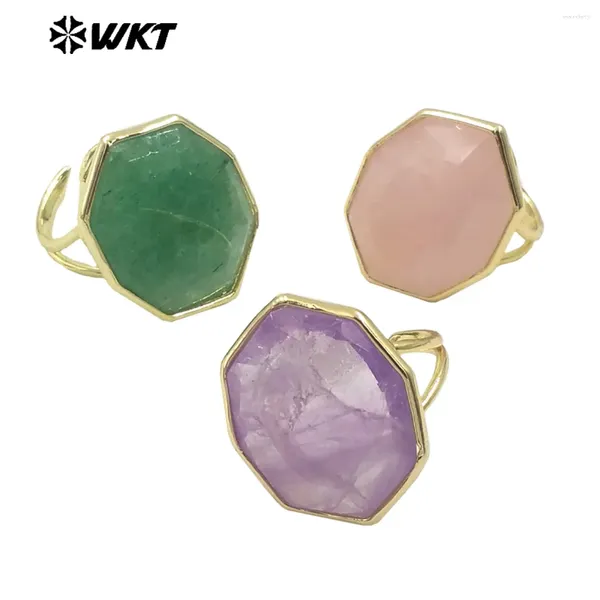 Anillos de clúster WT-R516 Spring Desin Geométrico Natural Hexagona Rose Quartz Amethyst Stone hizo anillo de compromiso 10pcs