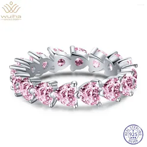 Anillos de racimo wuiha real 925 plata esterlina corazón triturado corta fila de zafiro rosa anillo de moissanite sintético para mujeres caída de regalo
