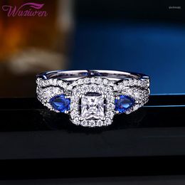 Cluster ringen wuziwen 2 stks echte 925 sterling zilveren bruiloftsbetrokkenheid voor vrouwen prinses gesneden blauwe peer cz bruids set sieraden