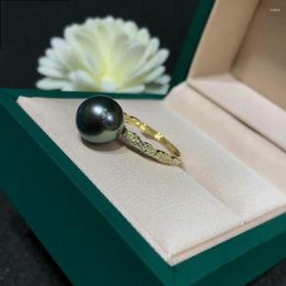 Bagues de cluster XF800 véritable bague de bijoux en or 18 carats pour femmes naturelles tahitiennes noires perles d'eau de mer fine cadeau de mariage féminin R513