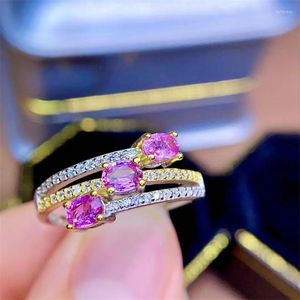 Anillos de racimo Xinyipeng S925 plata esterlina chapada en oro 4 3mm anillo de zafiro rosa Natural Real regalo de vacaciones de San Valentín fino para