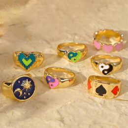 Cluster Ringen Y2K Sieraden Vergulde Maan Zon Hart Yin Yang Ring Voor Vrouwen Vintage Punk Mode Poker Charms 90s Aesthetic230s