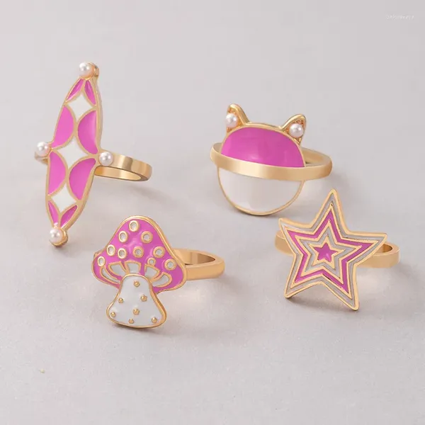 Bagues de cluster Y2K Bijoux Rose 4pcs Vache Star Champignon pour femmes Métal Vintage Punk Harajuku Set Charms 90s Cadeaux esthétiques