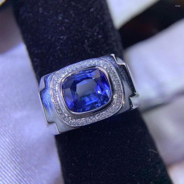 Anillos de racimo Y401 Joyería fina Real 18K Oro Natural 3.14ct Zafiro azul Piedras preciosas Diamantes Piedra Anillo masculino para HOMBRES