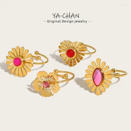 Cluster Anneaux Yachan Luxury Rose Natural Stone Arear inoxydable pour femmes Fleur de coeur géométrique Chic bijourie chic